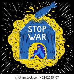 Stop war, illustration of bombing, explosion, Ukraine, scared people, devastation.