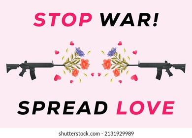 detengan el diseño de ilustraciones de guerra con armas dispara flores y forma de amor. diseño de banners vectoriales