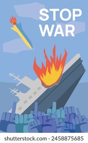 stop war illustration warship attack by rocket Ukraine defenders Russian warship crash vector