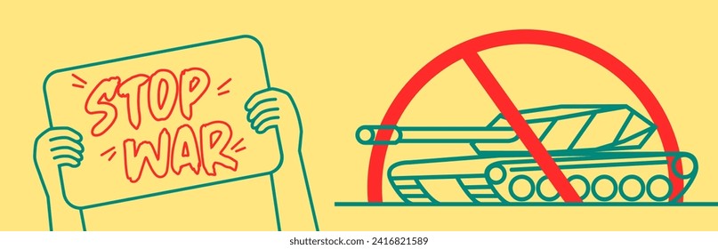 Stop War Line Art Banner with Prohibited Tank Sign and Plank
