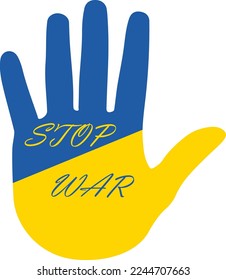 Stop war message written on a hand with Ukraine flag color. Vector. Vector