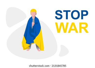 Stop war, no war. Concept Stay with Ukraine. The little boy threw the flag of the country of his country on his shoulders. Prayer and support for Ukraine.