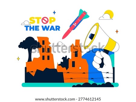 Stop The War Peace Campaign Vector Illustration Featuring Anti Nuclear Symbols and Cityscape Design