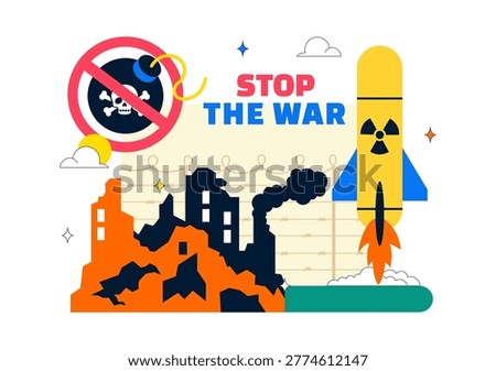 Stop The War Peace Campaign Vector Illustration Featuring Anti Nuclear Symbols and Cityscape Design
