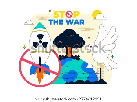 Stop The War Peace Campaign Vector Illustration Featuring Anti Nuclear Symbols and Cityscape Design