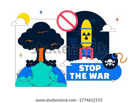 Stop The War Peace Campaign Vector Illustration Featuring Anti Nuclear Symbols and Cityscape Design