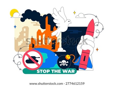Stop The War Peace Campaign Vector Illustration Featuring Anti Nuclear Symbols and Cityscape Design