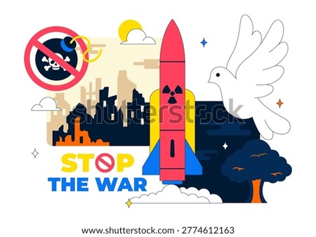 Stop The War Peace Campaign Vector Illustration Featuring Anti Nuclear Symbols and Cityscape Design
