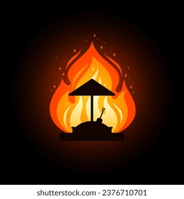 Cartel de fin de guerra, ícono de concepto con arenero y fuego. Destrucción durante peleas callejeras en la ciudad, operaciones militares, ataques terroristas. Ilustración de dibujos animados planos vectoriales sobre fondo oscuro