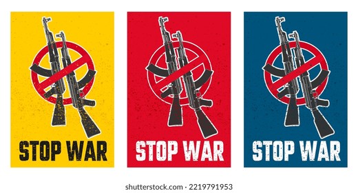 Detengan el diseño de afiches de guerra, la señal de paz al mundo con vector de rifle de asalto