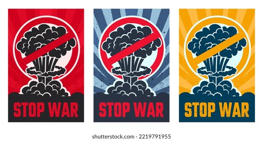 Stop the war poster design, peace to the world sign with bomb explosion effect vector