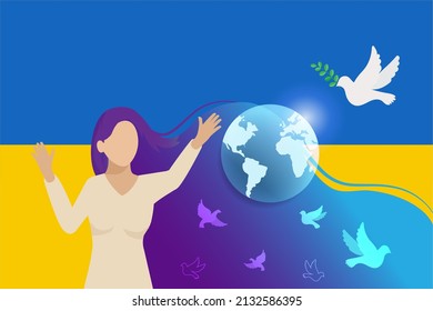 Stop war, pray for Ukraine concept. Woman touching world with flying pigeon, symbol of peace and freedom. International protest to stop aggressive against Ukraine.