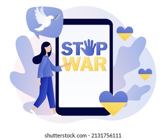 Stop war. Pray for Ukraine. No war. Flying bird as symbol of peace. Save Ukraine. Modern flat cartoon style. Vector illustration on white background