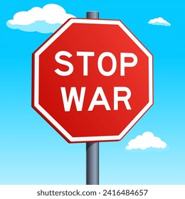 Stop War red road sign isolated on blue sky with clouds background. Pop art style hand drawn color vector illustration.