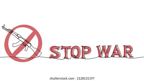 Stop war. Red STOP sign on the background of the weapon. Anti-war concept. One continuous line drawing. Vector illustration