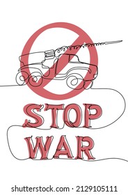 Basta de guerra. Señal de parada roja en el fondo del lanzador de granadas. Concepto antibélico. Un dibujo de línea continua. Ilustración del vector