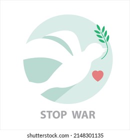 Stop war sign, Flying peace dove with olive branch.
