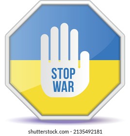 Stop war sign on hand icon. Abstract patriotic Ukrainian flag.