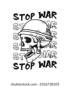 Alto al eslogan de guerra con cráneo de soldado en gráfico de casco militar de fondo blanco. Perfecto para afiches, diseño de camisa y cualquier cosa de ropa. Ilustración vectorial