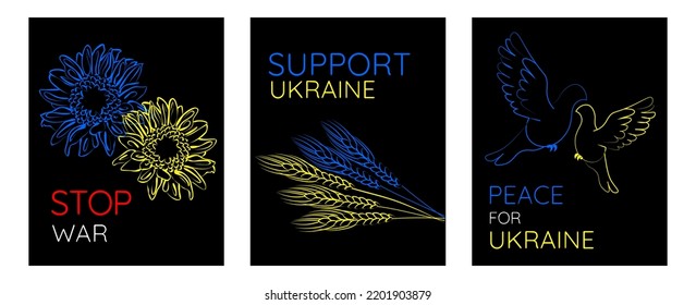 Stop war, support Ukraine, peace for Ukraine vector image set in blue and yellow color. Sunflower, ears of wheat and dove of please as symbols of Ukrainian crisis.