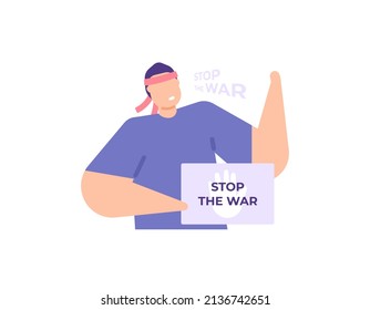 stop war symbol. A demonstrator holds a demonstration against war. protest, refuse, conflict, participant. stop the war. flat cartoon illustration. concept design. element