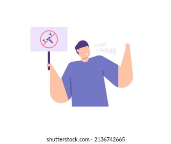 stop war symbol. A demonstrator holds a demonstration against war. protest, refuse, conflict, participant. stop the war. flat cartoon illustration. concept design. element