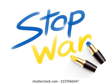 Dibujo de texto de Stop War con colores azul y amarillo de Lipstick, Peace Pray for Ukraine y Stop war concepto de ilustración aislado en fondo blanco con espacio de copia, vector