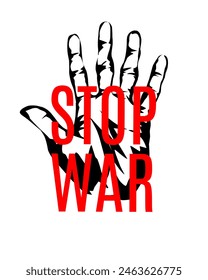 Stop war text with silhouette of hand illustration over white background 