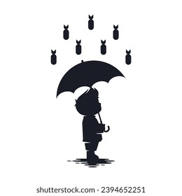 Stop the war text with a silhouette illustration of Children protecting themselves from rain bombs using an umbrella. Sign icon vector Illustration of World War crisis isolated on white background.