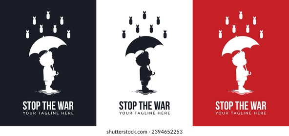 Stop the war text with a silhouette illustration of Children protecting themselves from rain bombs using an umbrella. Sign icon vector Illustration of World War crisis isolated on white background.