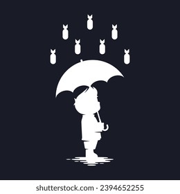 Stop the war text with a silhouette illustration of Children protecting themselves from rain bombs using an umbrella. Sign icon vector Illustration of World War crisis isolated on black background.