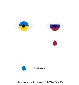 Alto a la guerra en Ucrania concepto de ilustración vectorial. Salvemos Ucrania, la bandera de Ucrania rezando el fondo de la ilustración del concepto. Guerra rusa ucraniana. Ojos azules y amarillos con lágrimas. 