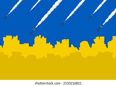 Stop war in Ukraine. Destroyed cityscape on a ukrainian flag background. Russian missiles strike buildings. Flat vector illustration poster template.