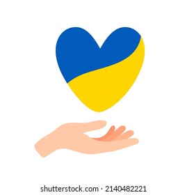 Stop war in Ukraine. Hand holding heart of Ukraine. Protection from Russian invaders. Pray for Ukraine. Illustration of peace. Stop war and military attack in Ukraine poster concept.