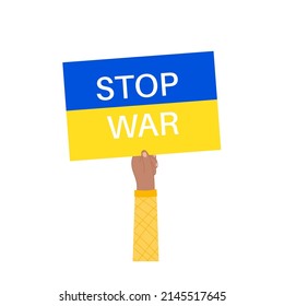 Stoppt den Krieg in der Ukraine! Hand mit Poster und ukrainischer Flagge. Unterstützung und Mittelbeschaffung für Vertriebene. Freiwilligenarbeit, Hilfe und Spenden für den Frieden in der Ukraine flach Vektorgrafik.