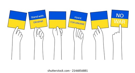 Stop the war in Ukraine. Hand with poster and Ukrainian flag. Support and fundraising for displaced persons. Volunteering, help and donations for peace in Ukraine flat vector illustration.