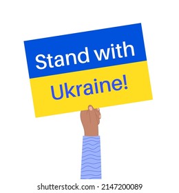 Stop the war in Ukraine. Hand with poster and Ukrainian flag. Support and fundraising for displaced persons. Volunteering, help and donations for peace in Ukraine flat vector illustration.