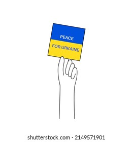 Detengan la guerra en Ucrania. Mano con afiche y bandera ucraniana. Apoyo y recaudación de fondos para las personas desplazadas. Ilustración vectorial plana de voluntarios, ayuda y donaciones para la paz en Ucrania.