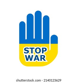Stop war in Ukraine. Human hand in the colors of the Ukrainian flag. Vector illustration. Peace concept
