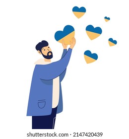 Detengan la guerra en Ucrania. Hombre con corazón de colores ucranianos. Apoyo y recaudación de fondos para los migrantes. Voluntariado, ayuda y donaciones por la paz en Ucrania. Aislado. Ilustración vectorial plana.