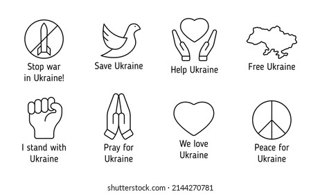 paren la guerra en Ucrania contorno iconos vectoriales con letras aisladas en blanco. apoyo a Ucrania. paz para Ucrania. rezar por Ucrania