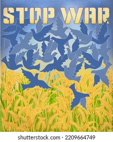 Stoppt den Krieg in der Ukraine. Tauben schießen über Weizen, Vektorgrafik	