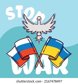 Stop War in Ukraine. Ukraine War Poster. Banner with dove and ukrainian and russian flags