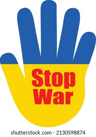  Stop war in Ukraine, raises banner with inscription stop the war in Ukraine standing on blue-yellow studio background. No war, stop war, Russian aggression.