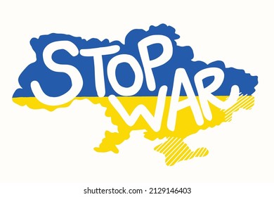 Stop war Ukraine Russia war vector icon. Ukraine country border with Stop war lettering in blue and yellow Ukrainian national colors. Support Ukraine vector illustration hand drawn