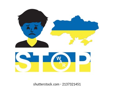 Stop War. Ukraine. Sad face. Ukraine map