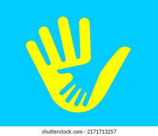 Stop the war in Ukraine. Save and help children. Helping hand in the color of the Ukrainian flag. Vector illustration.