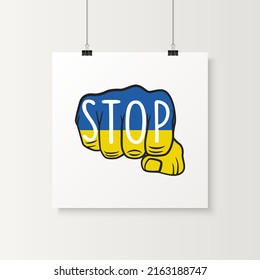 Stoppt den Krieg in der Ukraine. Symbol des Kampfes, Protest, Unterstützung der Ukraine. Kein Krieg. Vektorgrafik. Slogan, Aufruf zum Frieden, Unterstützung für die Ukraine. Hör auf zu Krieg. T-Shirt, Plackard Print