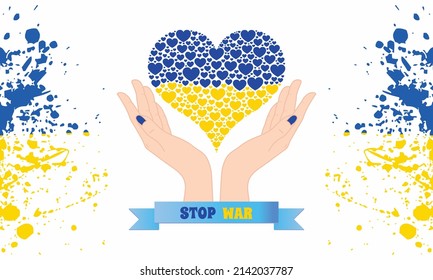 Stop war in ukraine text with care hands with ukraine flag in heart shape