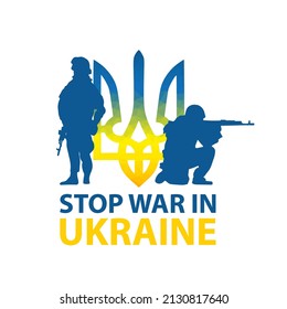 Halte den Krieg in ukrainischer Sprache auf. Ukrainisches patriotisches Banner mit Soldaten und gelben und blauen Trident. Nationalsymbol der Ukraine. Vektorgrafik. 